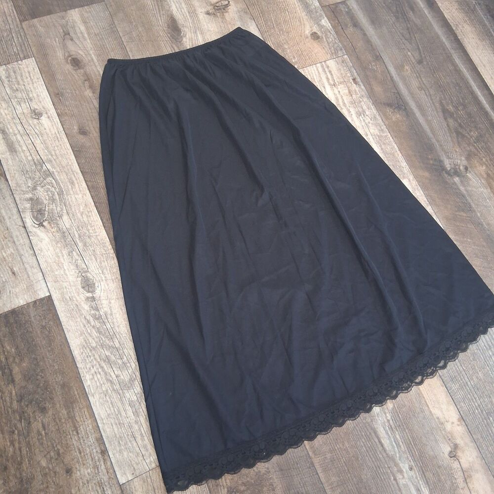 VNTG Deena USA Made Black Satin Lace Trim Half Slip Skirt L Fairy Grunge Boudoir - Picture 2 of 12